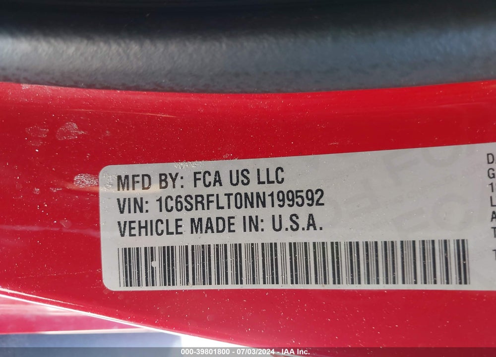 2022 RAM 1500 REBEL 4X4 5'7 BOX VIN: 1C6SRFLT0NN199592