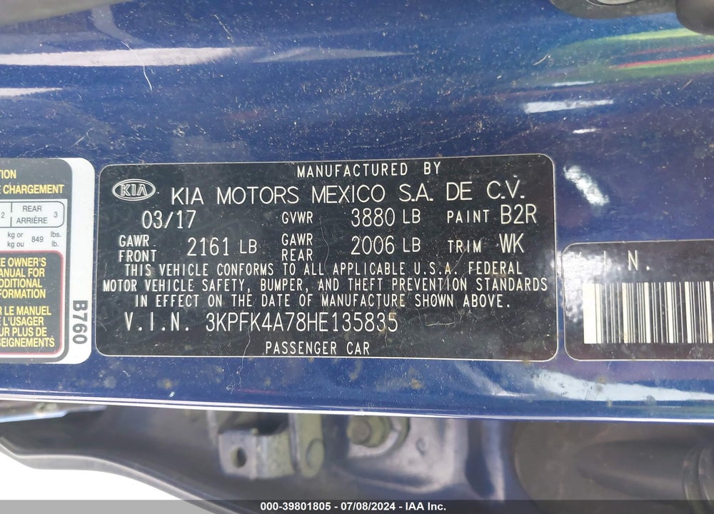 2017 KIA FORTE LX VIN: 3KPFK4A78HE135835