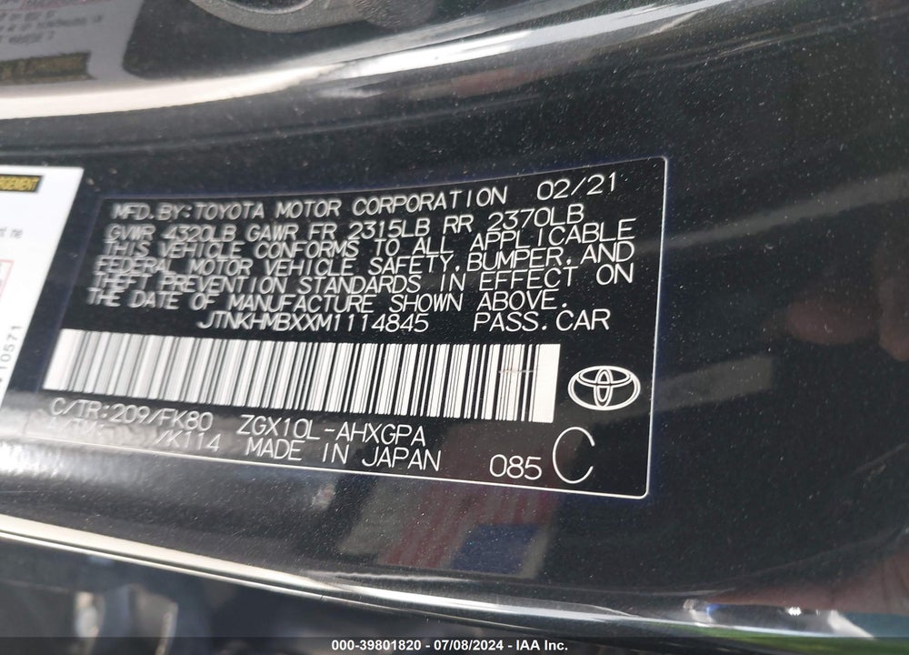 2021 TOYOTA C-HR XLE VIN: JTNKHMBXXM1114845