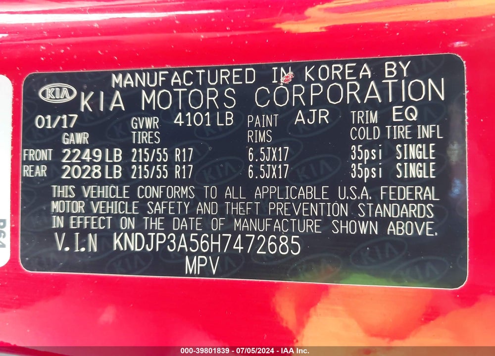 2017 KIA SOUL VIN: KNDJP3A56H7472685