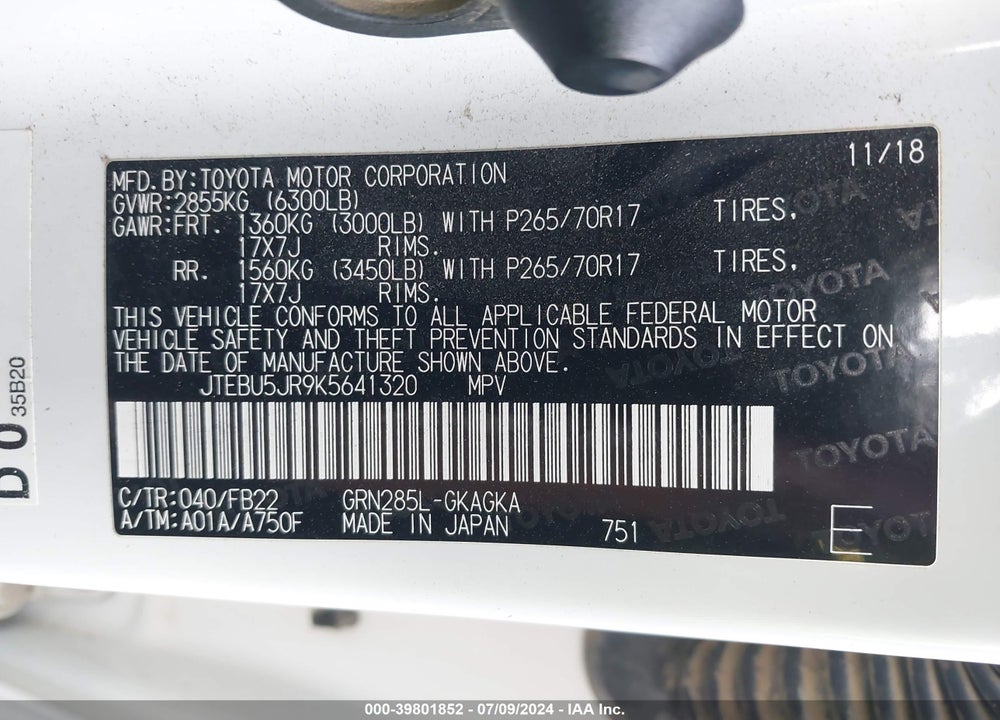 2019 TOYOTA 4RUNNER SR5 VIN: JTEBU5JR9K5641320
