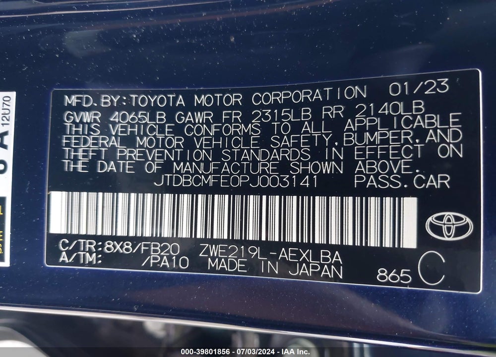 2023 TOYOTA COROLLA HYBRID LE VIN: JTDBCMFE0PJ003141
