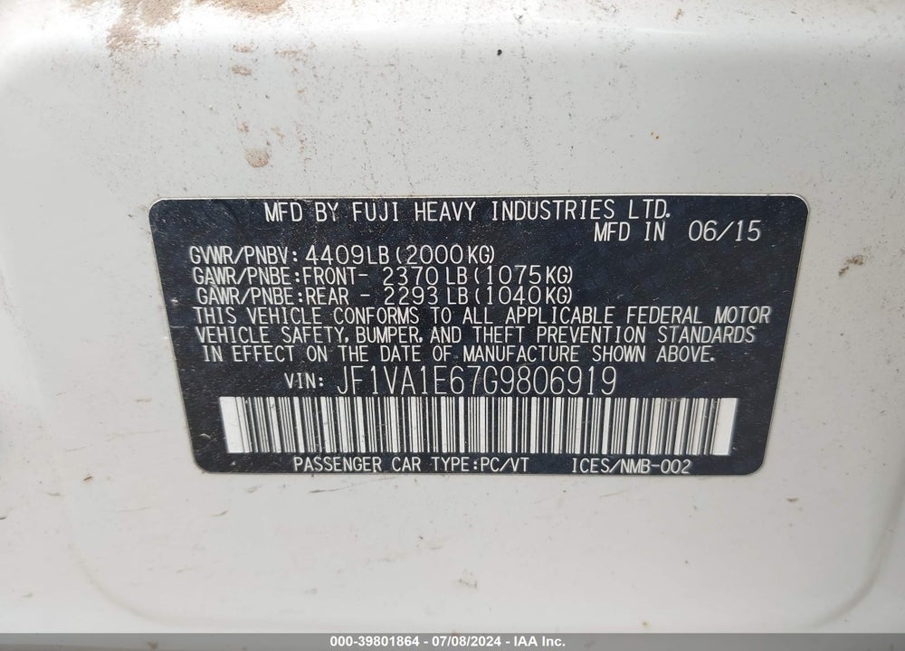 2016 SUBARU WRX VIN: JF1VA1E67G9806919