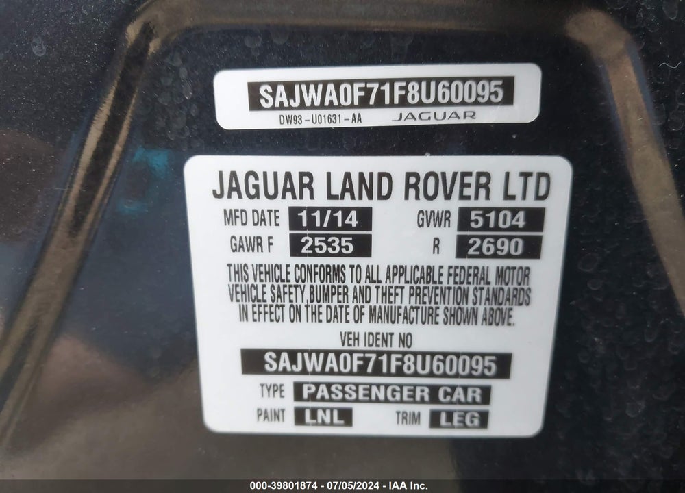 2015 JAGUAR XF 3.0 PORTFOLIO/3.0 SPORT VIN: SAJWA0F71F8U60095