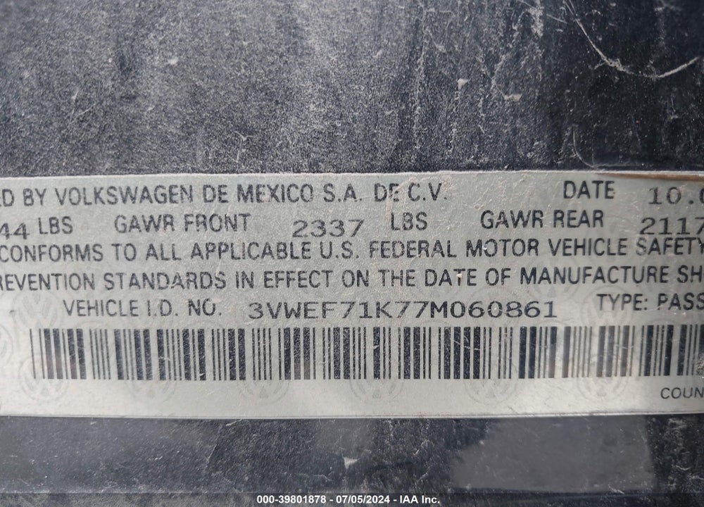 2007 VOLKSWAGEN JETTA WOLFSBURG EDITION VIN: 3VWEF71K77M060861