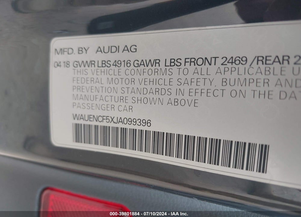 2018 AUDI A5 2.0T PREMIUM VIN: WAUENCF5XJA099396