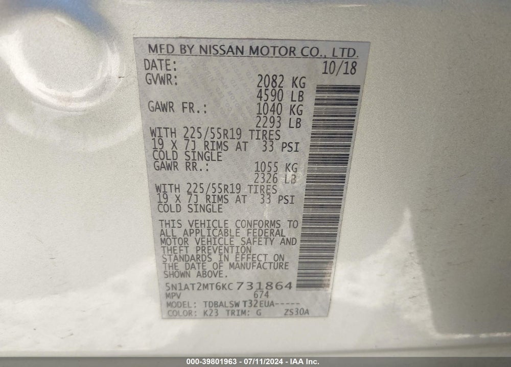2019 NISSAN ROGUE SL VIN: 5N1AT2MT6KC731864