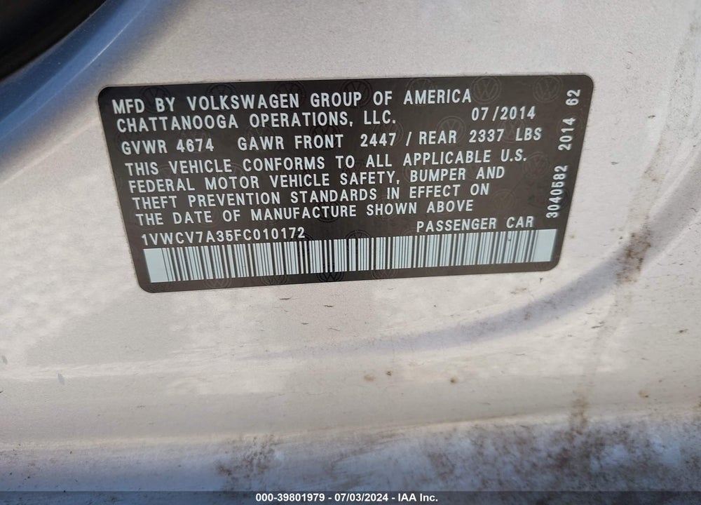 2015 VOLKSWAGEN PASSAT 2.0L TDI SEL PREMIUM VIN: 1VWCV7A35FC010172