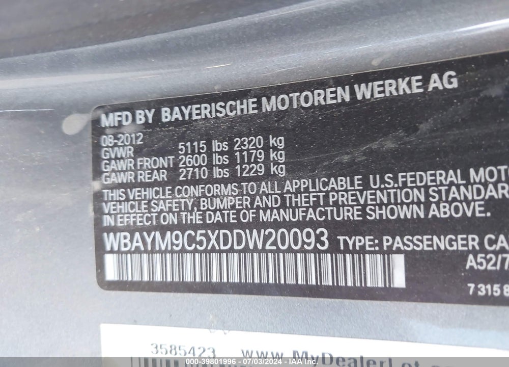 2013 BMW 650I VIN: WBAYM9C5XDDW20093