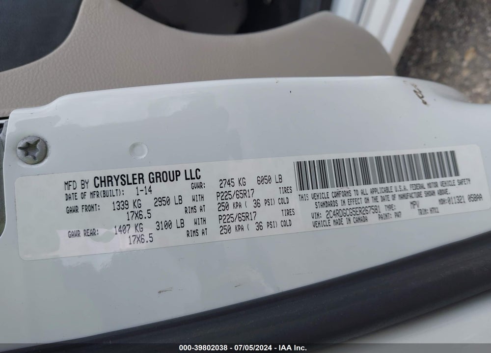 2014 DODGE GRAND CARAVAN SXT VIN: 2C4RDGCG5ER267581