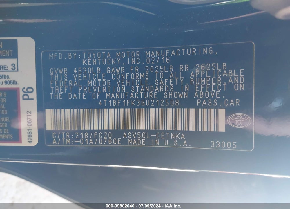 2016 TOYOTA CAMRY LE VIN: 4T1BF1FK3GU212508