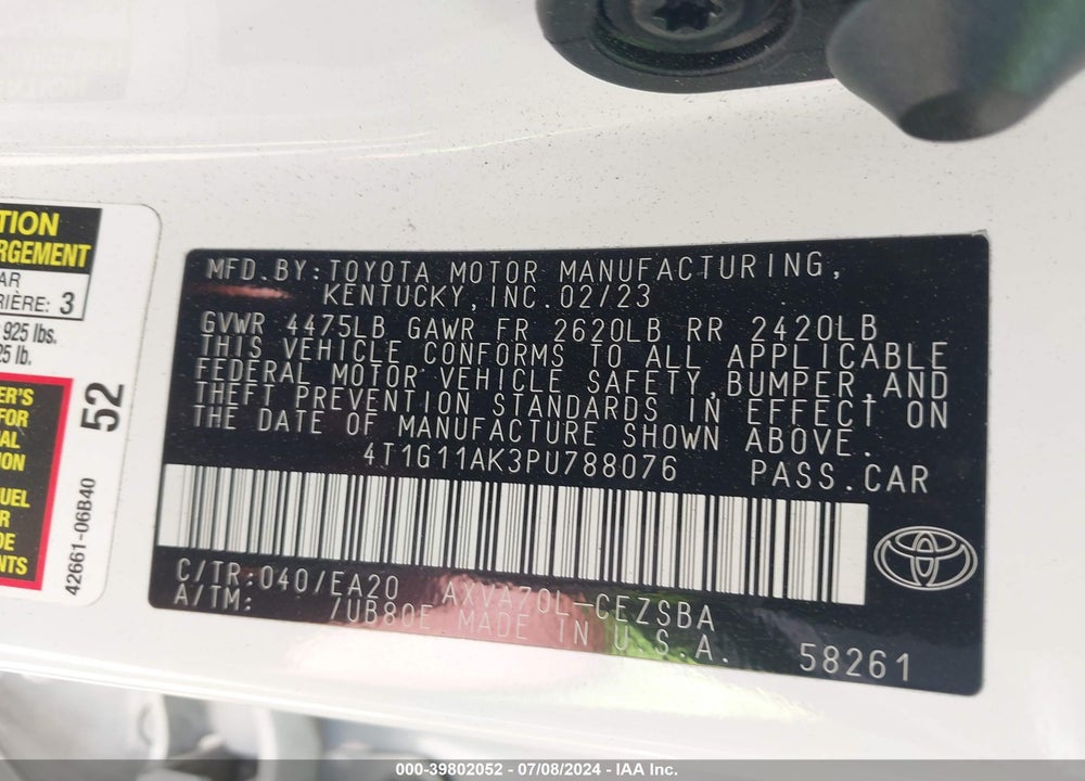2023 TOYOTA CAMRY SE VIN: 4T1G11AK3PU788076