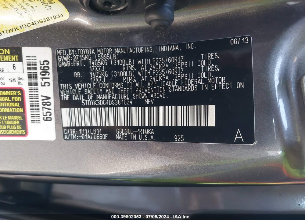 2013 TOYOTA SIENNA XLE V6 8 PASSENGER VIN: 5TDYK3DC4DS381034