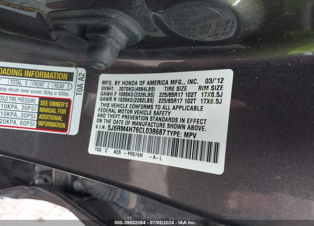 2012 HONDA CR-V EX-L VIN: 5J6RM4H76CL038687
