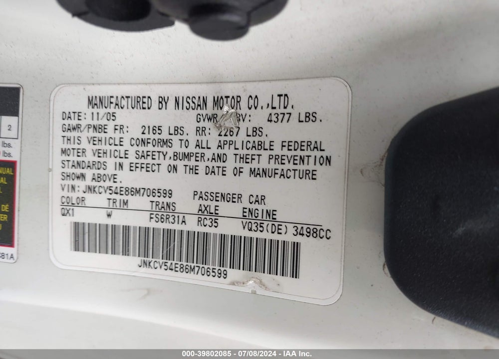 2006 INFINITI G35 VIN: JNKCV54E86M706599