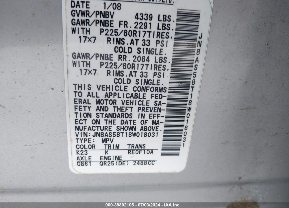 2008 NISSAN ROGUE SL VIN: JN8AS58T18W018031