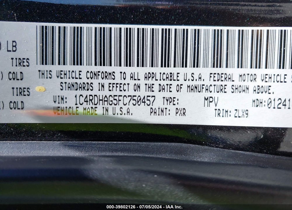 2015 DODGE DURANGO SXT VIN: 1C4RDHAG5FC750457