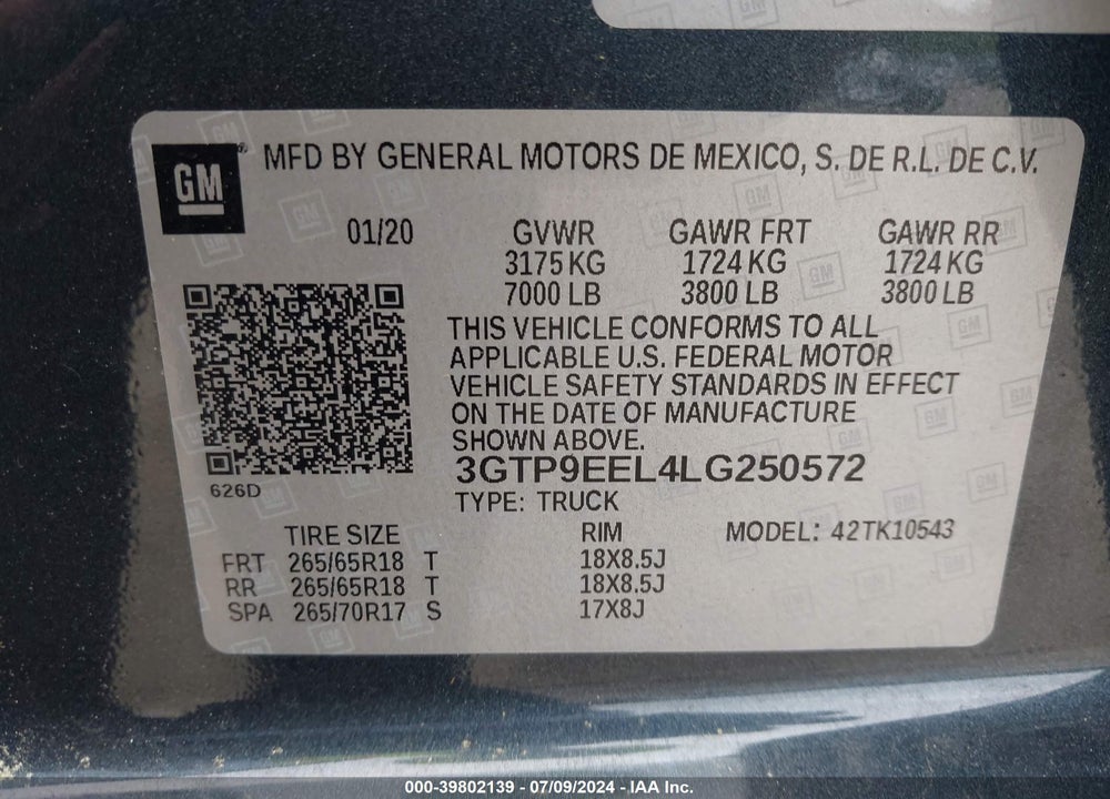 2020 GMC SIERRA 1500 4WD SHORT BOX AT4 VIN: 3GTP9EEL4LG250572