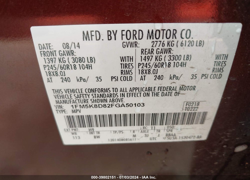 2015 FORD EXPLORER XLT VIN: 1FM5K8D82FGA50103