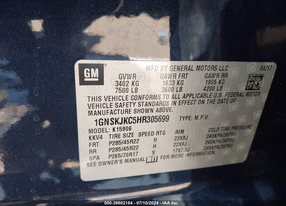 2017 CHEVROLET SUBURBAN PREMIER VIN: 1GNSKJKC5HR305699