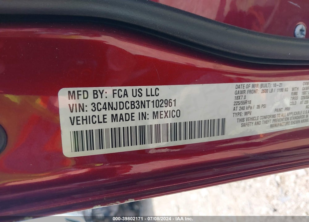 2022 JEEP COMPASS LIMITED 4X4 VIN: 3C4NJDCB3NT102961