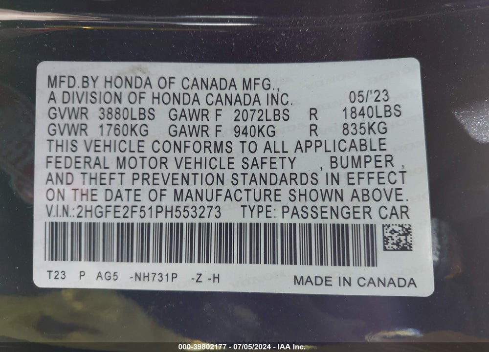 2023 HONDA CIVIC SPORT VIN: 2HGFE2F51PH553273