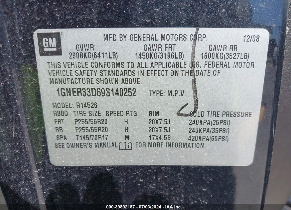 2009 CHEVROLET TRAVERSE LTZ VIN: 1GNER33D69S140252