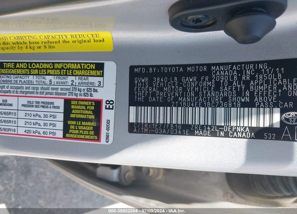 2011 TOYOTA COROLLA LE VIN: 2T1BU4EE1BC736818