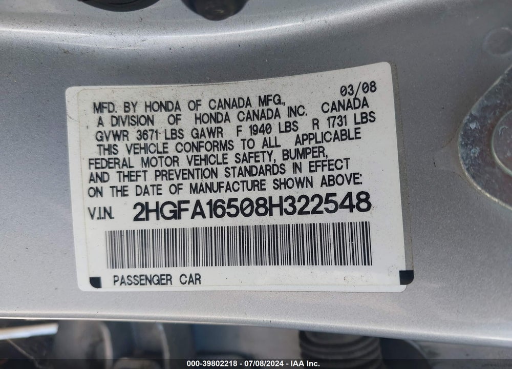 2008 HONDA CIVIC LX VIN: 2HGFA16508H322548