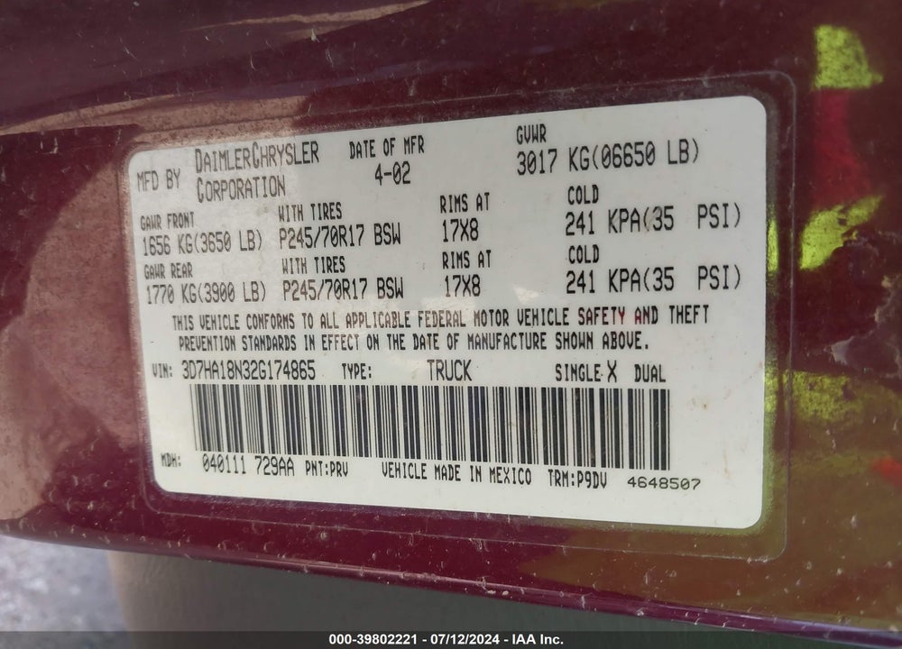 2002 DODGE RAM 1500 ST VIN: 3D7HA18N32G174865