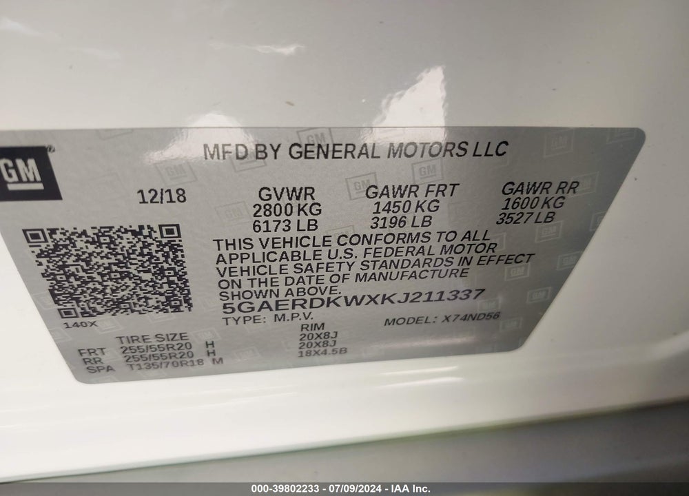 2019 BUICK ENCLAVE FWD AVENIR VIN: 5GAERDKWXKJ211337