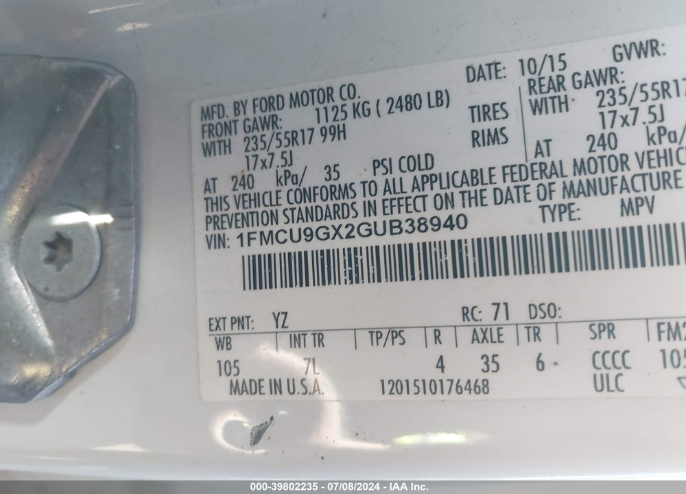 2016 FORD ESCAPE SE VIN: 1FMCU9GX2GUB38940