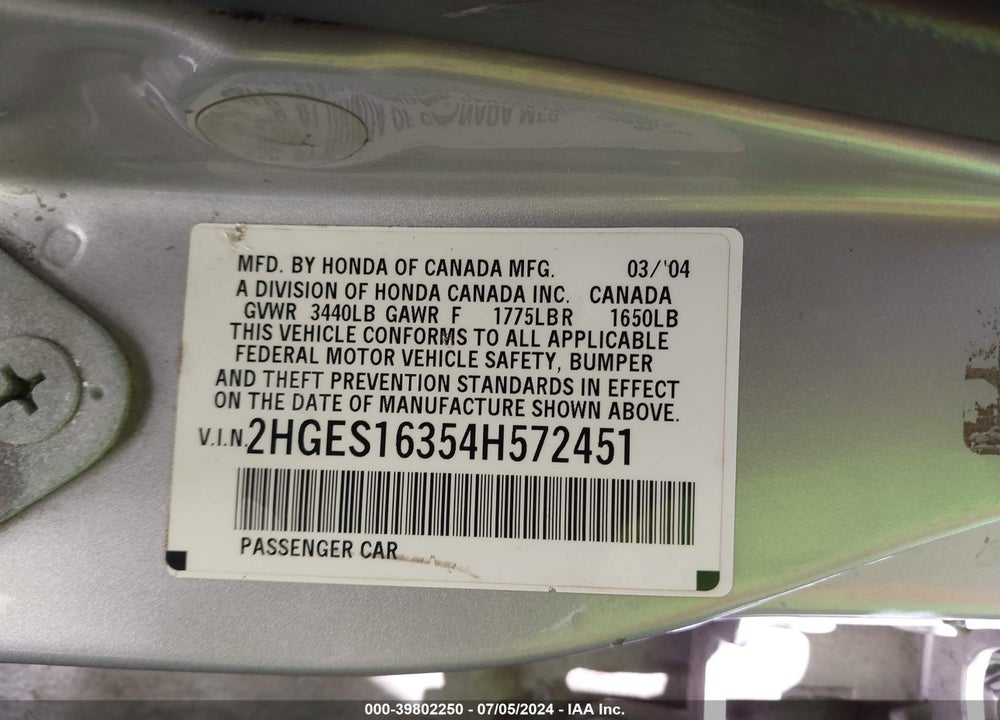 2004 HONDA CIVIC VP VIN: 2HGES16354H572451