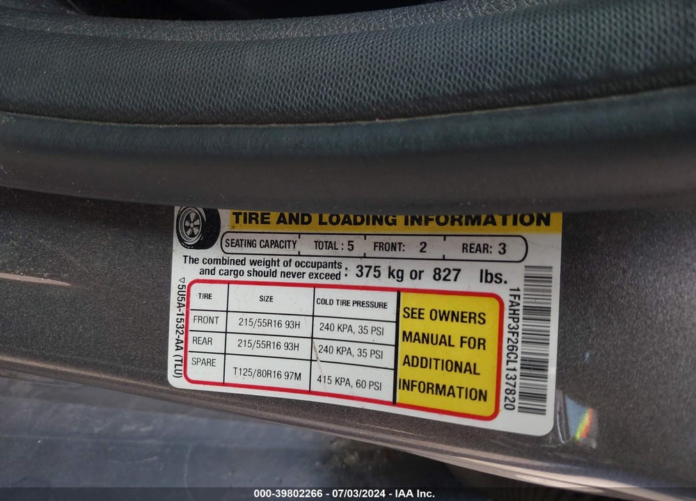 2012 FORD FOCUS SE VIN: 1FAHP3F26CL137820