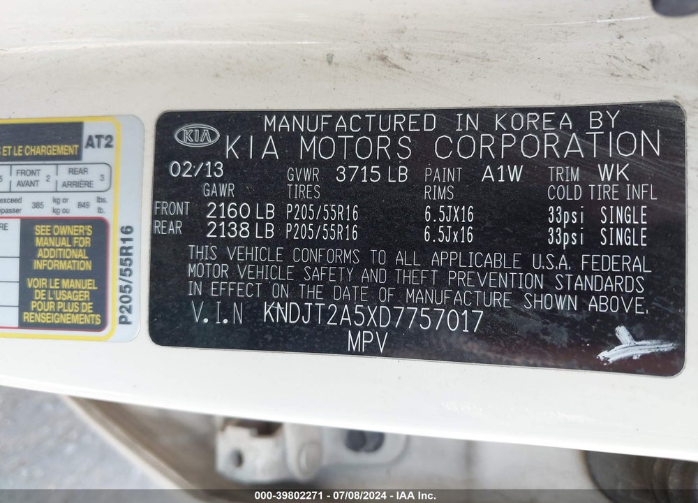 2013 KIA SOUL VIN: KNDJT2A5XD7757017