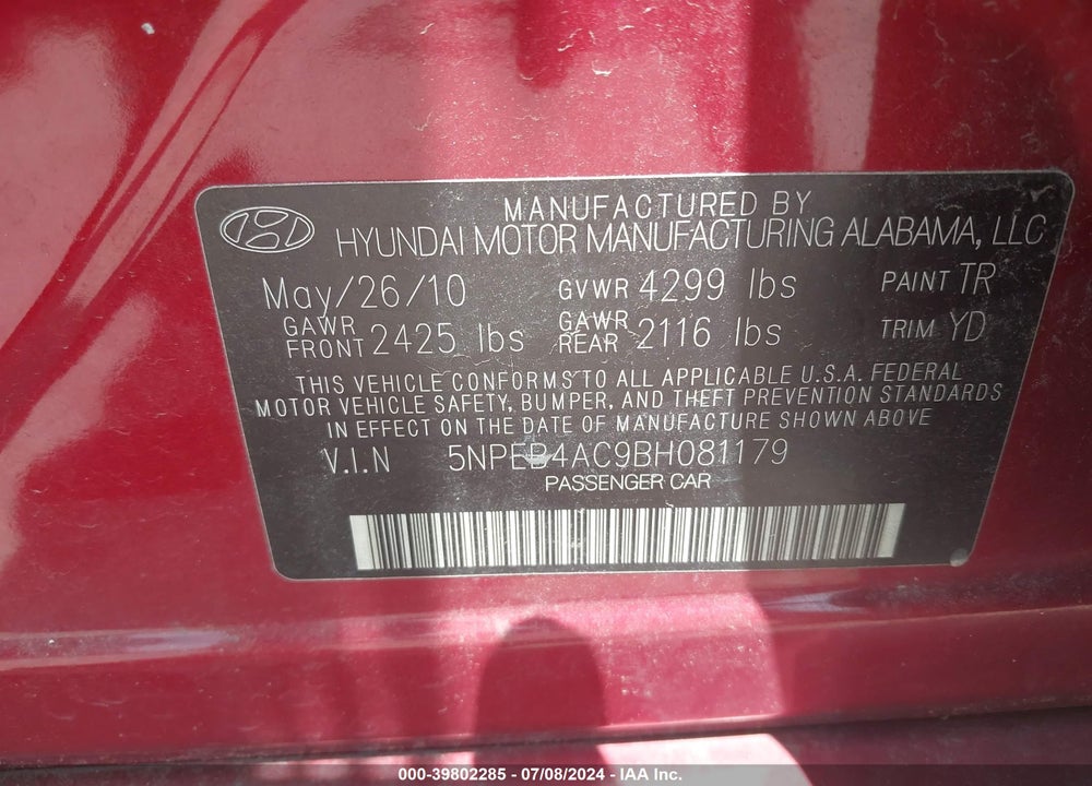 2011 HYUNDAI SONATA GLS VIN: 5NPEB4AC9BH081179