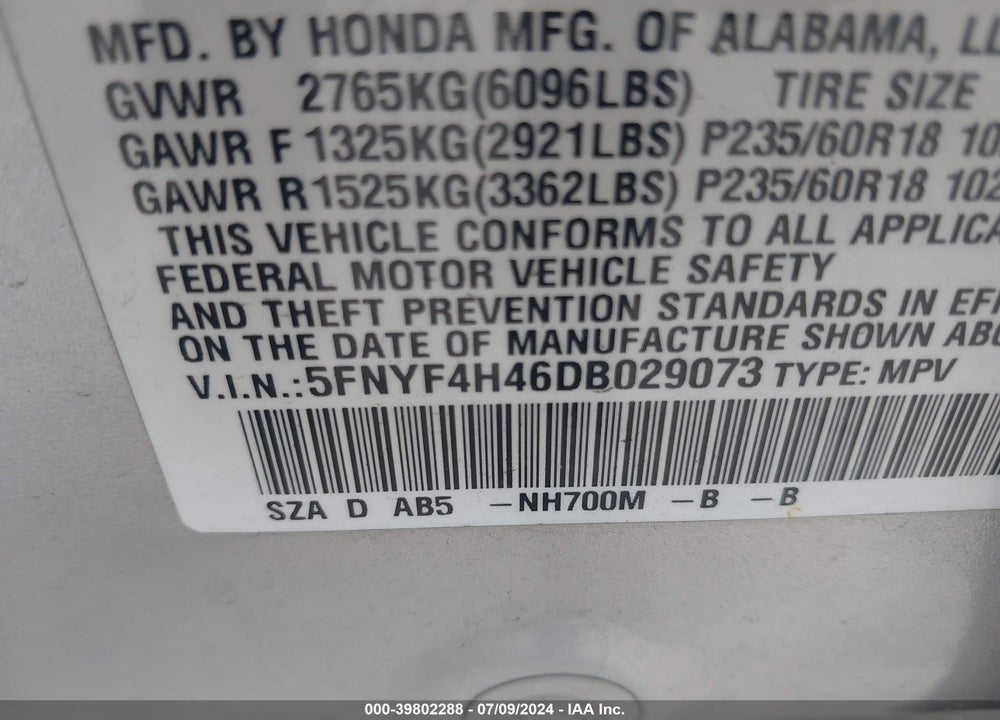 2013 HONDA PILOT EX VIN: 5FNYF4H46DB029073