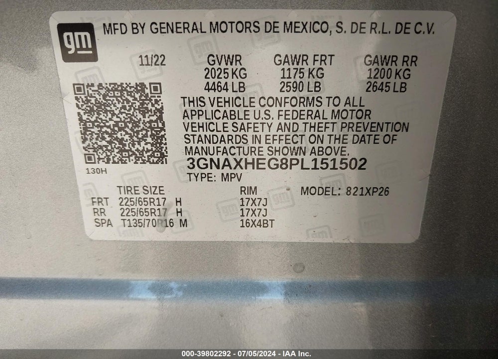 2023 CHEVROLET EQUINOX FWD LS VIN: 3GNAXHEG8PL151502