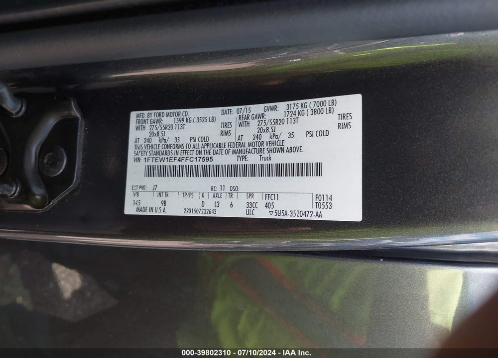 2015 FORD F-150 PLATINUM VIN: 1FTEW1EF4FFC17595