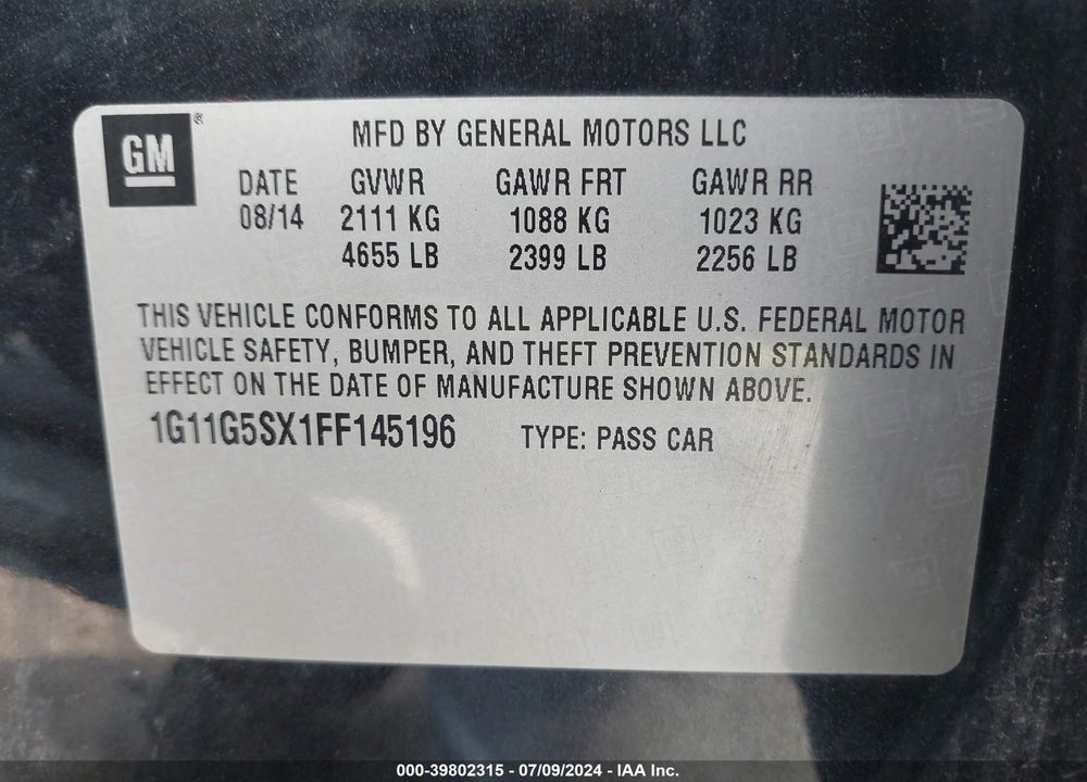 2015 CHEVROLET MALIBU 2LZ VIN: 1G11G5SX1FF145196