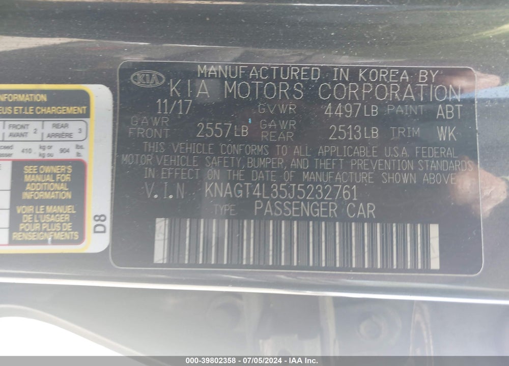 2018 KIA OPTIMA LX VIN: KNAGT4L35J5232761