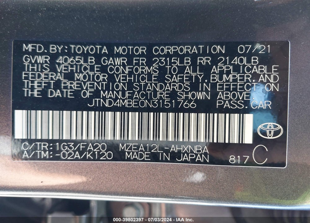 2022 TOYOTA COROLLA SE VIN: JTND4MBE0N3151766