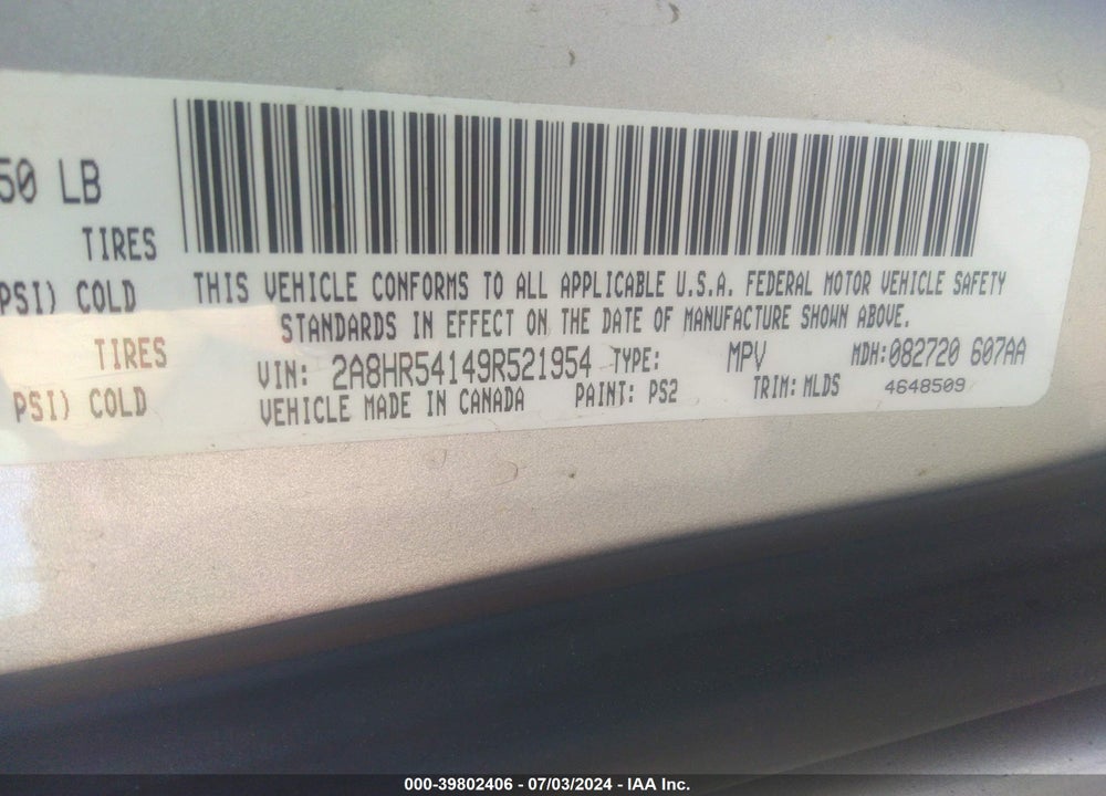 2009 CHRYSLER TOWN & COUNTRY TOURING VIN: 2A8HR54149R521954