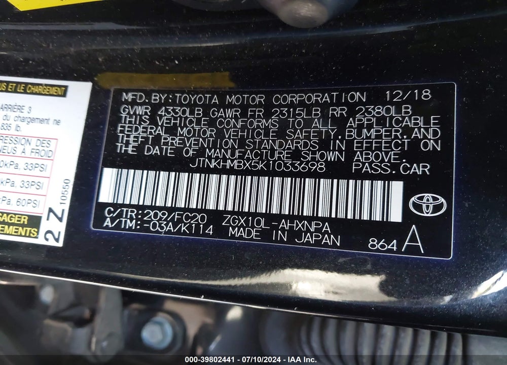 2019 TOYOTA C-HR LE VIN: JTNKHMBX5K1033698