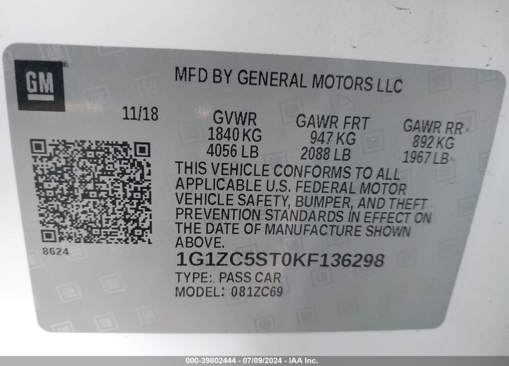 2019 CHEVROLET MALIBU 1FL VIN: 1G1ZC5ST0KF136298