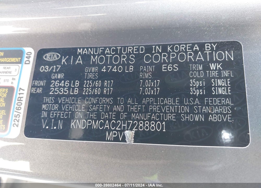 2017 KIA SPORTAGE VIN: KNDPMCAC2H7288801