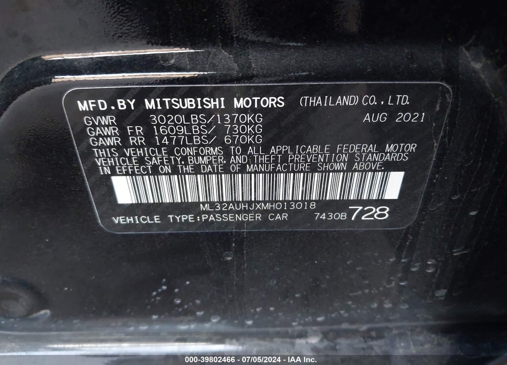 2021 MITSUBISHI MIRAGE CARBONITE EDITION/ES/LE VIN: ML32AUHJXMH013018