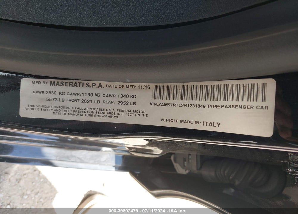 2017 MASERATI GHIBLI S Q4 VIN: ZAM57RTL2H1231849