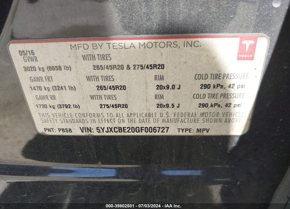 2016 TESLA MODEL X 60D/70D/75D/90D/P100D VIN: 5YJXCBE20GF006727