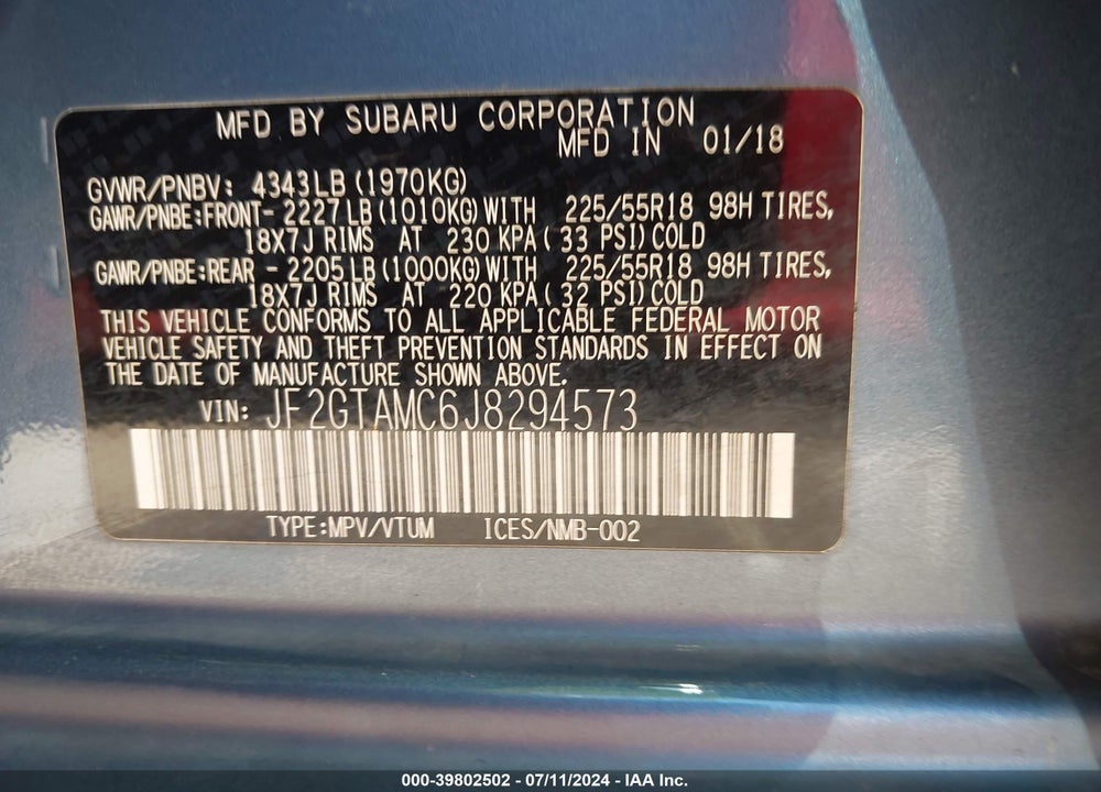 2018 SUBARU CROSSTREK 2.0I LIMITED VIN: JF2GTAMC6J8294573